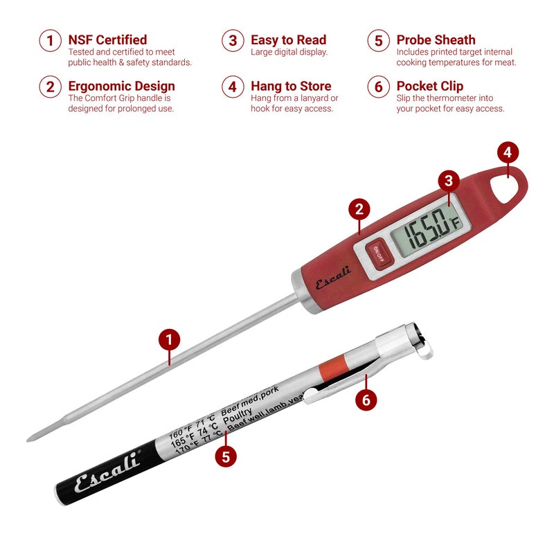 Escali DH1 Gourmet Digital Meat Thermometer with Extra Long Probe, NSF Certified, Red - Image 2